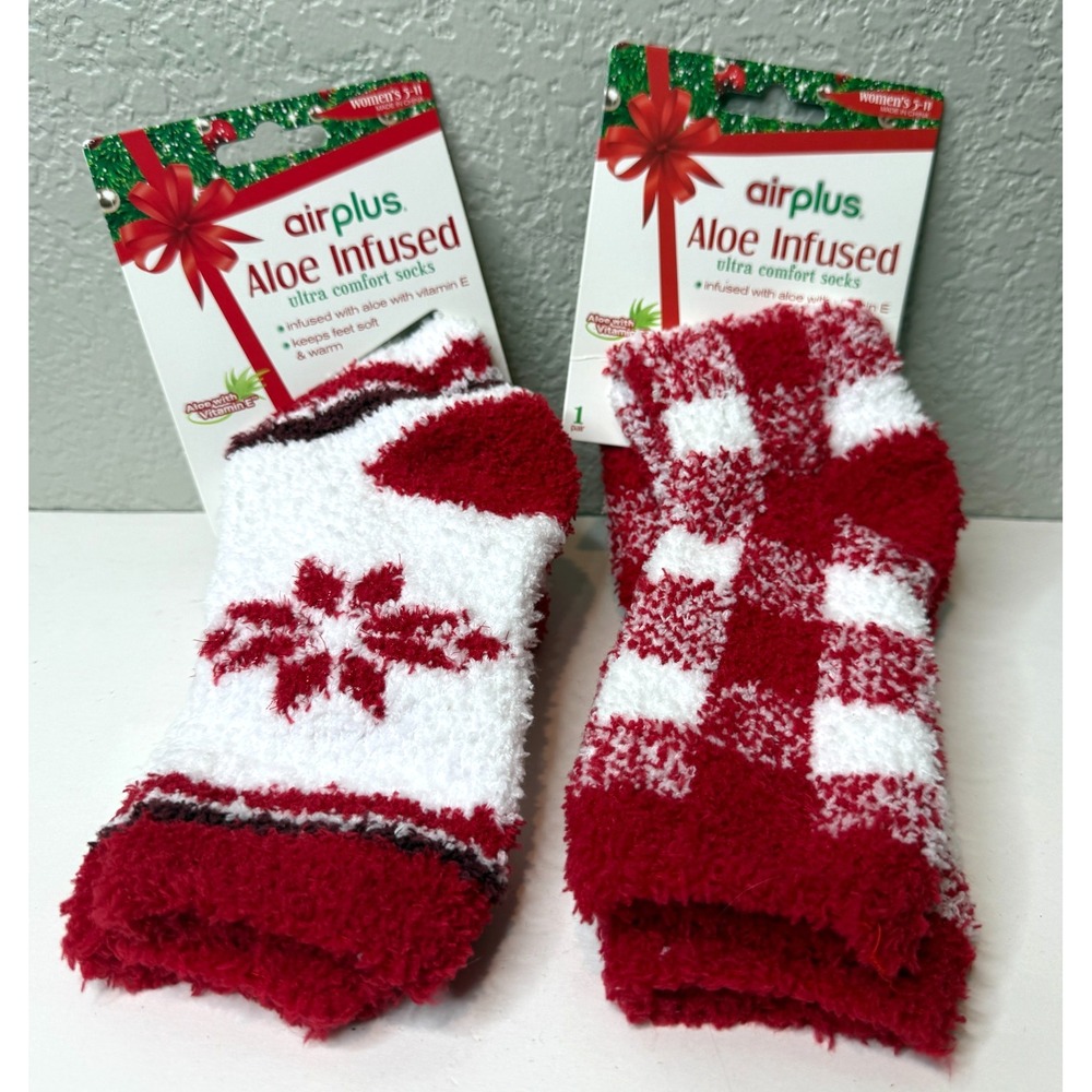 2 Pairs Airplus Aloe Infused Ultra Comfort Socks Red White NEW Snowflake